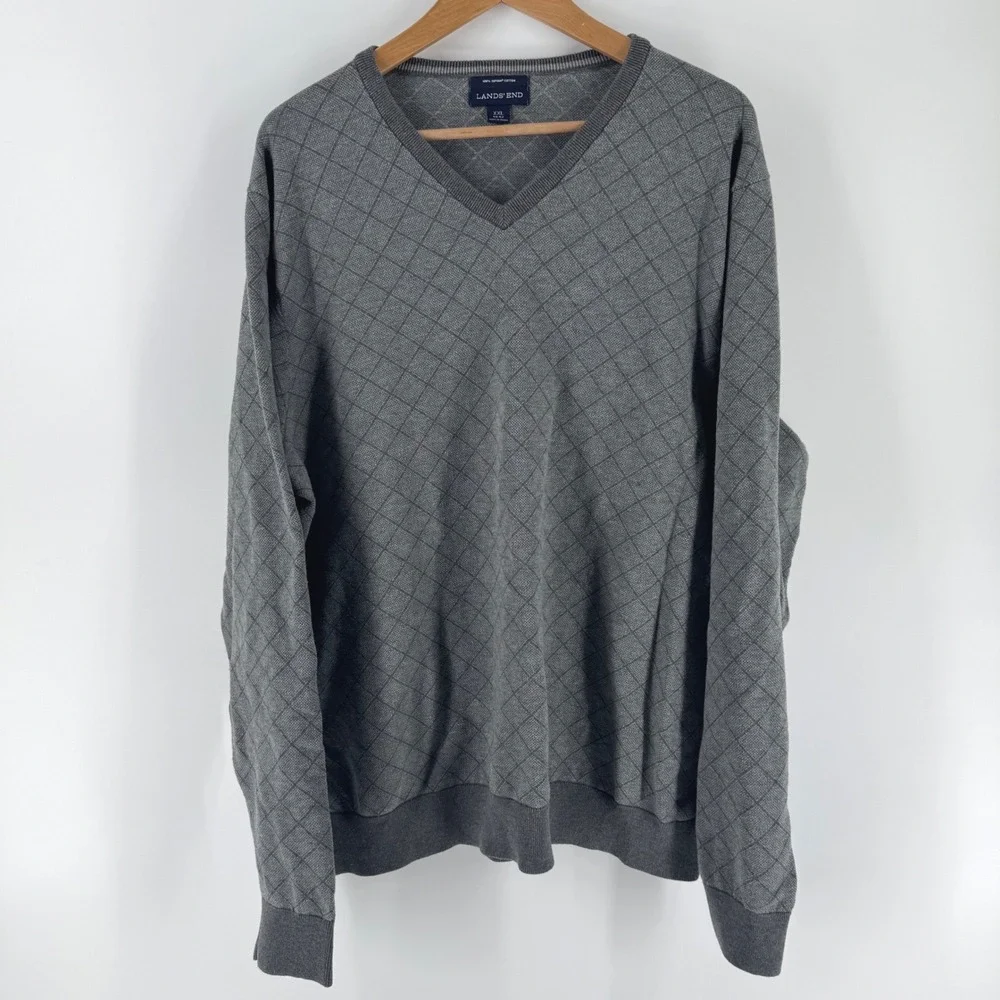 Lands End Mens XXL V Neck Sweater‎ Grey Diamond Knit Supima Cotton Long Sleeve